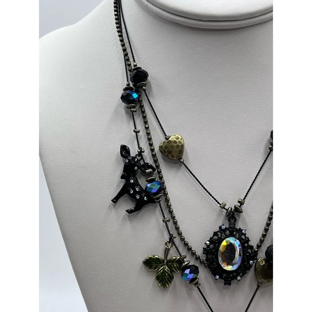 Betsey Johnson Dark‎ Forest Triple Strand Gunmetal Necklace Fox Rabbit Charms